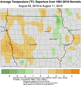 Average temperature in the state of Iowa between August 5-11, 2019