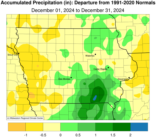 Iowa map showing precipitation departure in December 2024