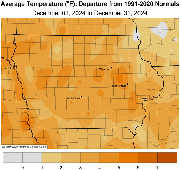 Iowa map showing temperature departure in December 2024