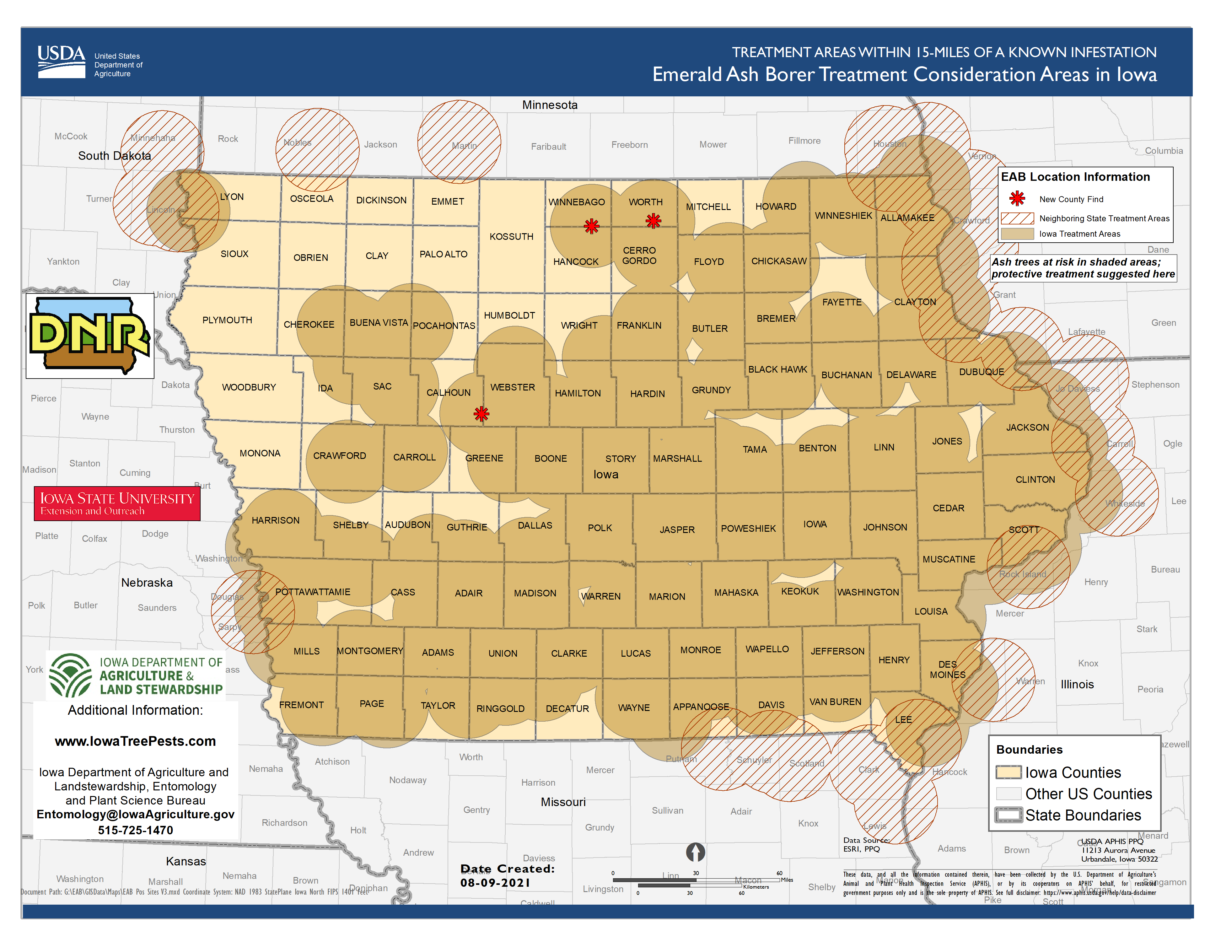 Emerald ash borer found in Calhoun, Winnebago and Worth counties in Iowa